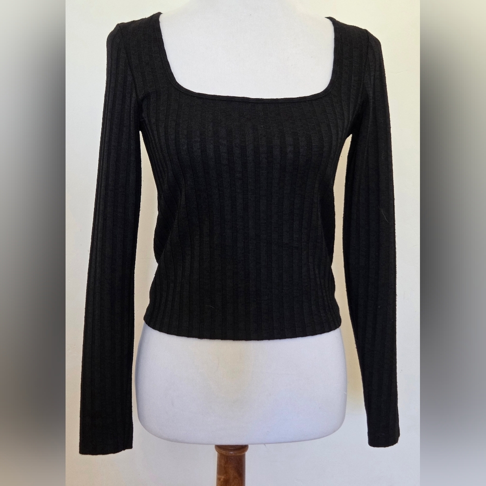 Divided Black Ribbed Square Neck Long Sleeve Top